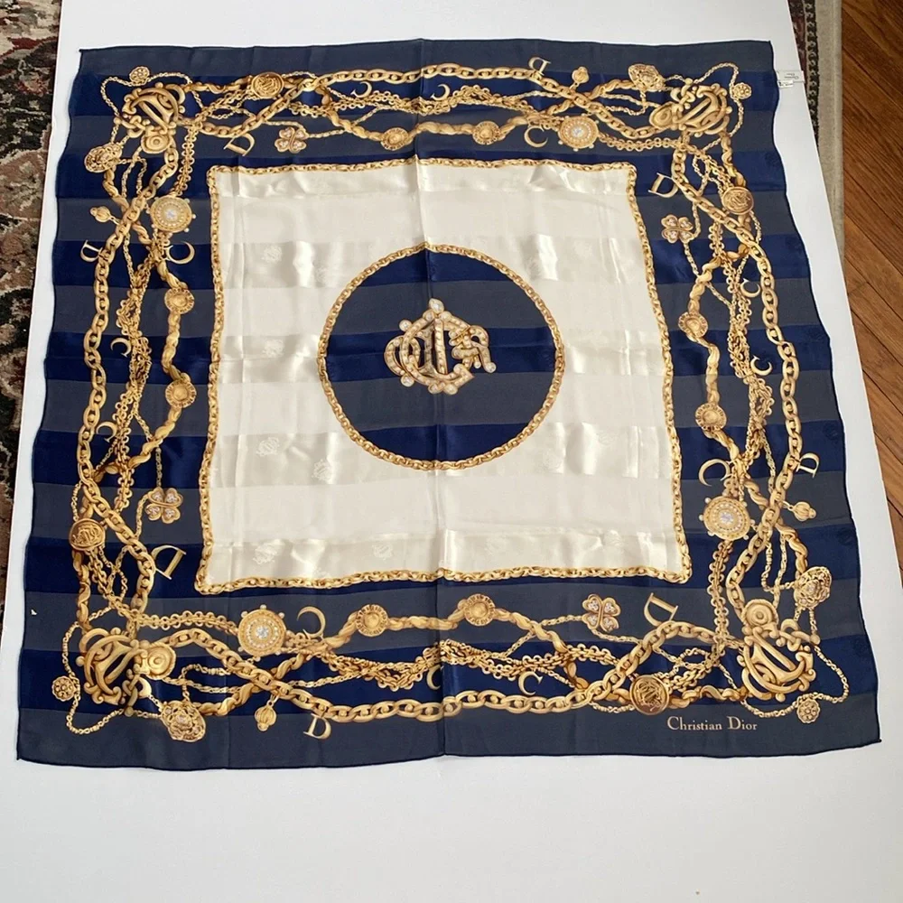 Christian Dior 100% silk scarf. Deep rich, navy blue gold cream color 34 x34